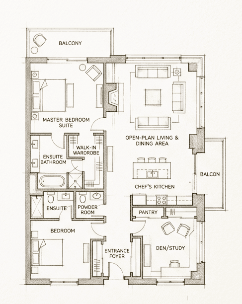 Architectural floor plan with flow mapping paths