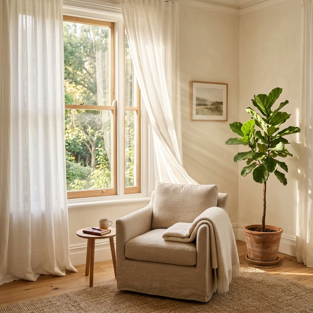 Bright room with natural light streaming through curtains