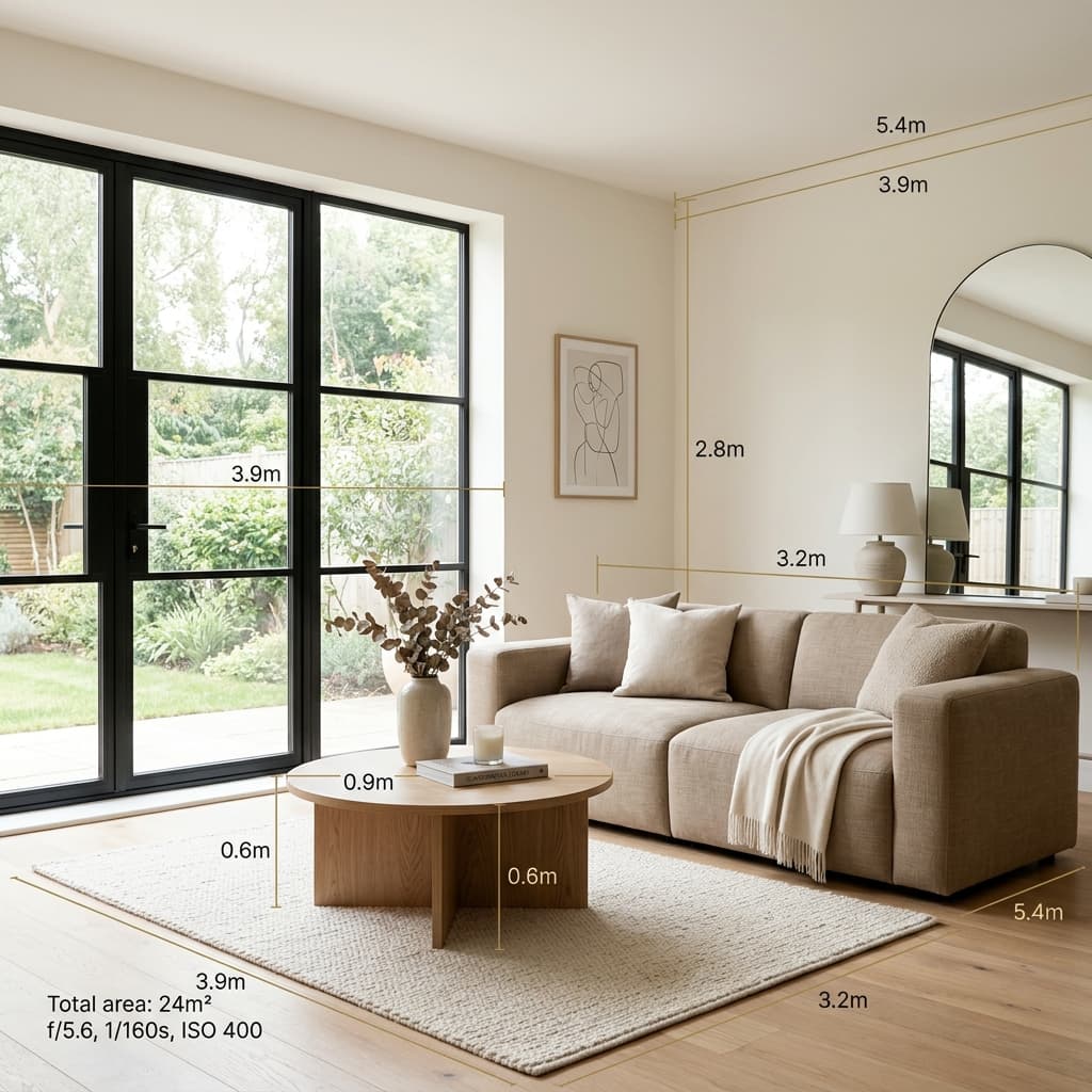 Living room with proportion measurement overlays