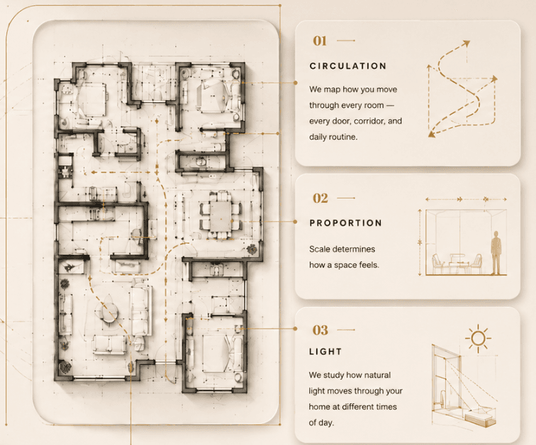 Spatial design annotation system: a floor plan with connector lines leading to three cards — 01 Circulation (how you move through every room), 02 Proportion (how scale determines how a space feels), 03 Light (how natural light moves through your home). Below the floor plan: 'Does this room work for the life being lived inside it?' — an analysis of layout, circulation, proportion, natural light, acoustics, and the relationship between rooms, all before a single finish or furniture piece is chosen.
